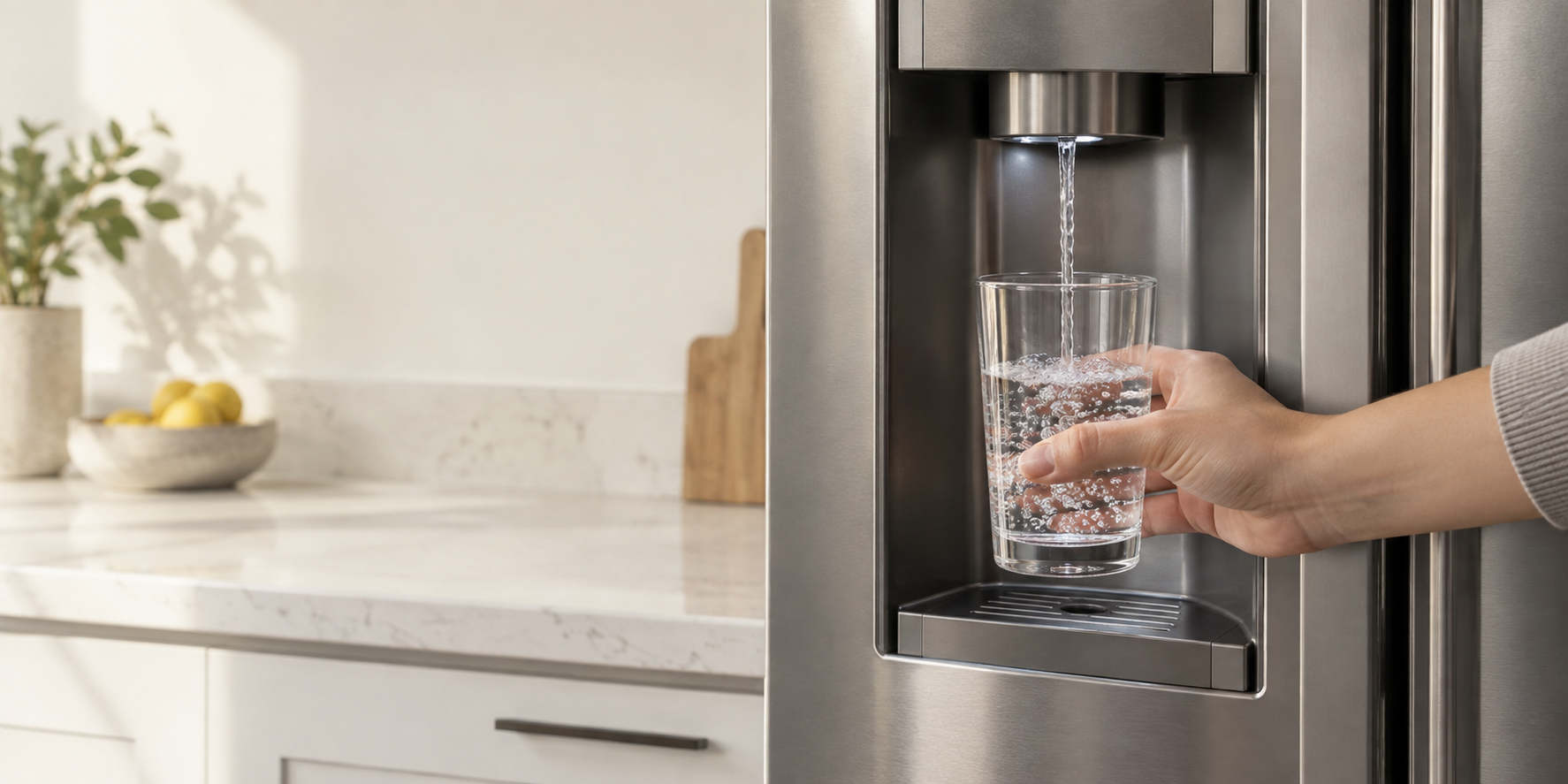 A glass of water being filled at a refrigerator dispenser in a sunlit kitchen