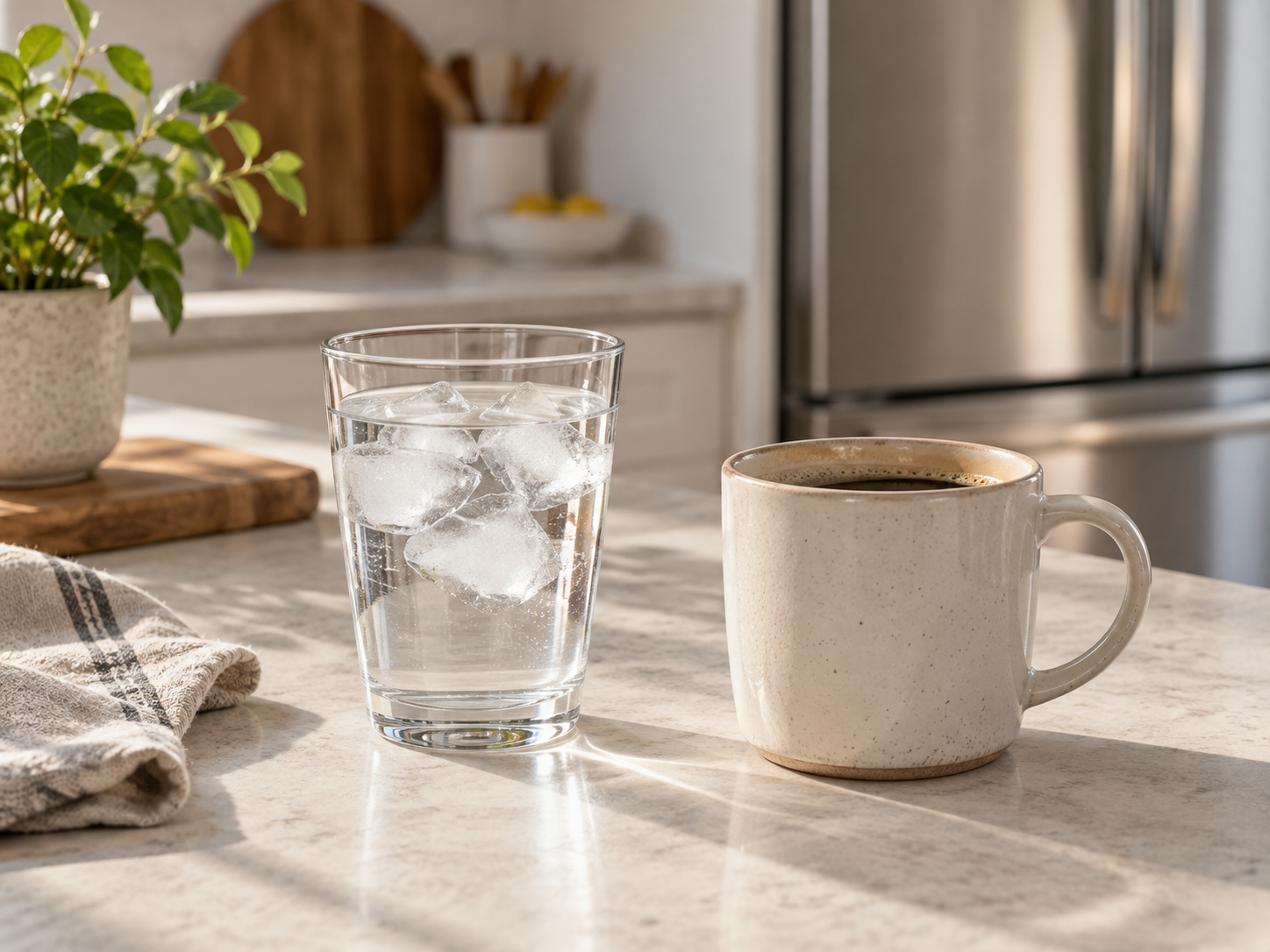 A glass of water with ice and a mug of coffee on a sunlit kitchen counter